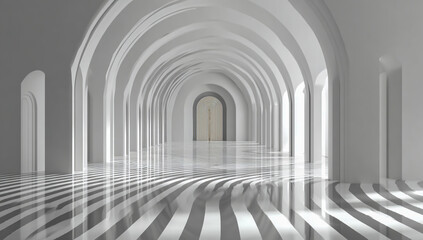 Abstract architectural perspective of a long white arched corridor with dramatic light and shadow patterns on the floor