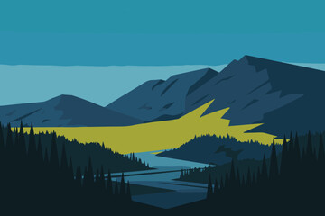 landscape stylized mountain scene with river pine trees and fields