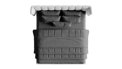 Top view of a white bed with black bedding on an isolated background. 