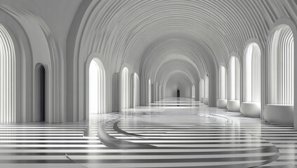 Surreal and abstract architectural hallway with repeating arches and striped floor leading to a distant figure