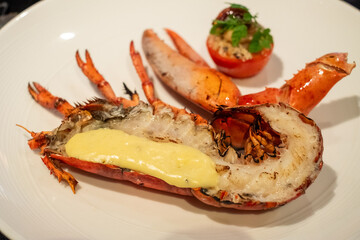Grilled Lobster Tail with Butter Sauce and Stuffed Tomato