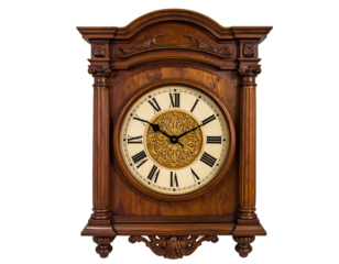 Ornate antique wall clock, wood case, Roman numerals, decorative accents