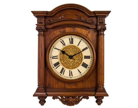 Ornate antique wall clock, wood case, Roman numerals, decorative accents