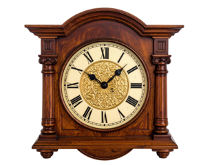 A detailed shot of an antique, wooden clock with Roman numerals and ornate face