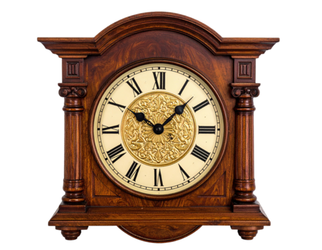 A detailed shot of an antique, wooden clock with Roman numerals and ornate face