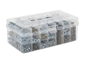 Clear plastic organizer box filled with various small hardware items, screws, and nuts.