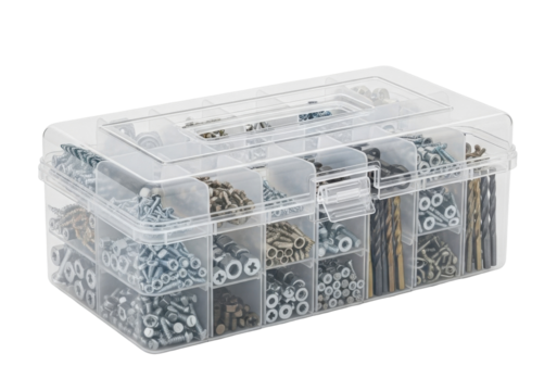Clear plastic organizer box filled with various small hardware items, screws, and nuts.