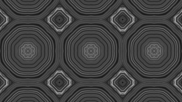A monochrome geometric pattern formed by layered circular rings and square-like shapes.