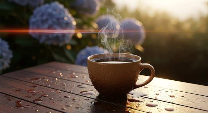 Steaming Coffee Cup on Wet Wooden Table with Hydrangeas and Sunrise Light - Powered by Adobe