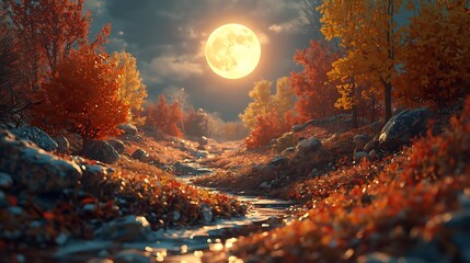 Autumn forest stream under a luminous full moon