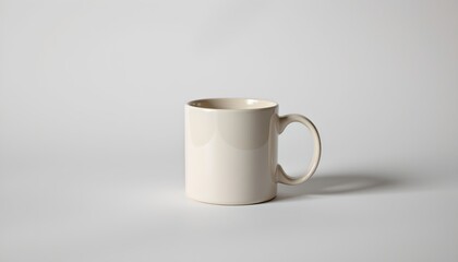 Obraz premium A single ceramic mug placed centrally against a neutral background. The mug is positioned on a light surface that allows for its shadow to be cast behind it