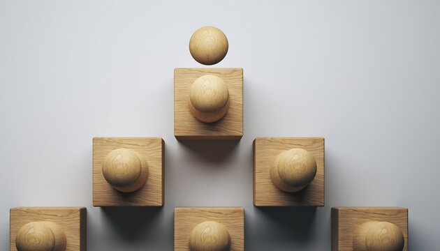 Wooden figures on colorful cubes viewed from above, creating a playful, stylized, and whimsical 3D top-down scene.