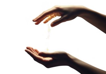 Delicate water droplets falling from one hand to another isolated on transparent background