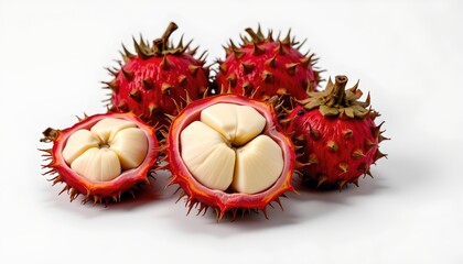 Three clusters of fruit with spiky outer layers that reveal an inner white flesh, resembling starfruit in texture. These fruits appear fresh and are positioned against a neutral background.