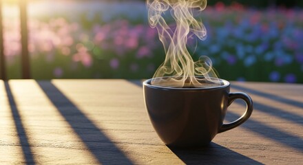 Steaming Coffee Cup on Wooden Table with Blurred Garden Flowers and Sunlight Rays