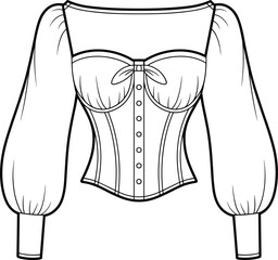 Elegant corset blouse with puff long sleeves, vintage style women’s top fashion design, detailed garment sketch, cad drawing flat vector illustration