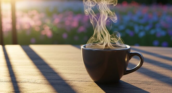 Steaming Coffee Cup on Wooden Table with Blurred Garden Flowers and Sunlight Rays - Powered by Adobe