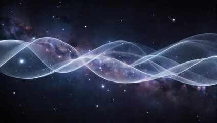 Abstract glowing energy waves flowing through a cosmic nebula background.