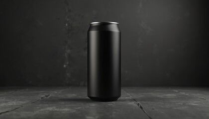 Matte black can mock up stays on dark textured surface. It is for beverage promotions. Suitable for ads banner or design branding. Sleek pro template with copy space for commercial use.