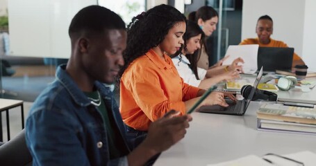 Man, tablet and business people in meeting, media agency and followers engagement campaign. Group, employees and person in office, tech and online reading with subscription, internet or communication - Powered by Adobe