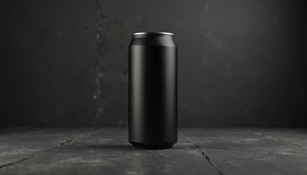 Matte black can mock up stays on dark textured surface. It is for beverage promotions. Suitable for ads banner or design branding. Sleek pro template with copy space for commercial use.