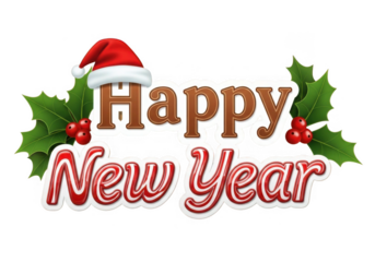 Happy new year festive holiday greeting with santa hat and holly isolated on transparent background