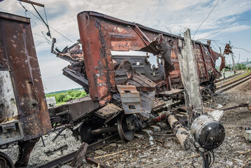Obraz premium Railway cross, area of heavy fights with pro-russian separatists in Sloviansk during Russo-Ukrainian War in Donbas, Ukraine