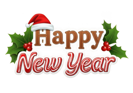 Happy new year festive holiday greeting with santa hat and holly isolated on transparent background