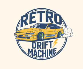 Retro Drift Car Badge Design.Vintage Racing Machine Emblem.Yellow Sports Coupe T-shirt Art.Automotive Speed Vector Logo.Classic JDM Drifting Illustrat