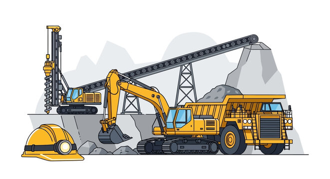 Illustration of mining equipment and a hard hat at a quarry.