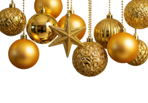 Collection of shiny golden christmas ornaments and star isolated on transparent background