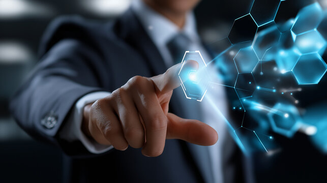 Faceless manager reaching toward an interactive AI assistant interface, soft blue light, digital holograms, innovation and efficiency theme, with copy space - Powered by Adobe