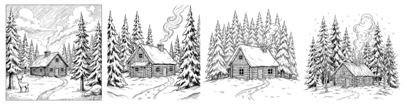 Cozy log cabin in snowy forest in line art style in black and white