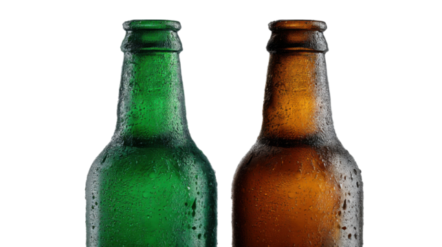 Frosted Beer Bottles: Two chilled beer bottles with droplets, standing side by side, evoke refreshment, perfect for summer moments or joyful gatherings.
