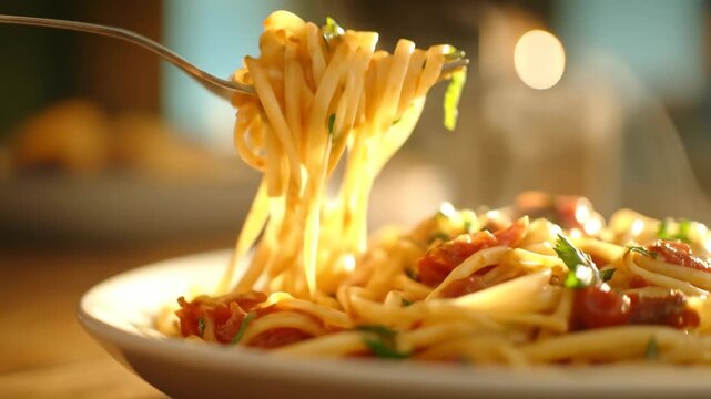 Steaming pasta with tomato and basil on a fork close up