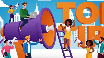 Diverse team sharing top tips with megaphones, spreading business insights for collaborative success in modern company videos and presentations