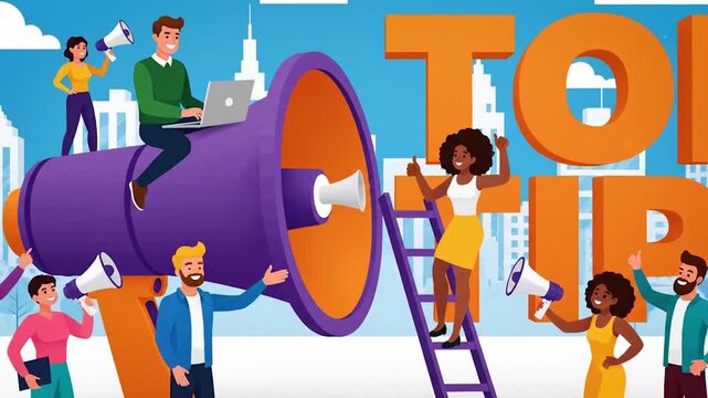 Diverse team sharing top tips with megaphones, spreading business insights for collaborative success in modern company videos and presentations