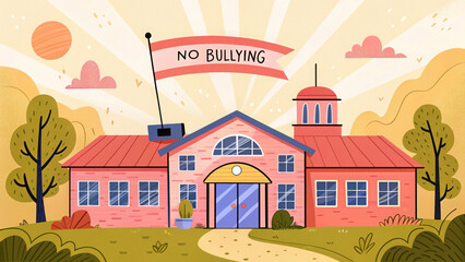 Cartoon school building with a "NO BULLYING" banner flying high. Use for education, child safety, parenting, or social justice blogs/sites about schools, student life, and anti-bullying campaigns.