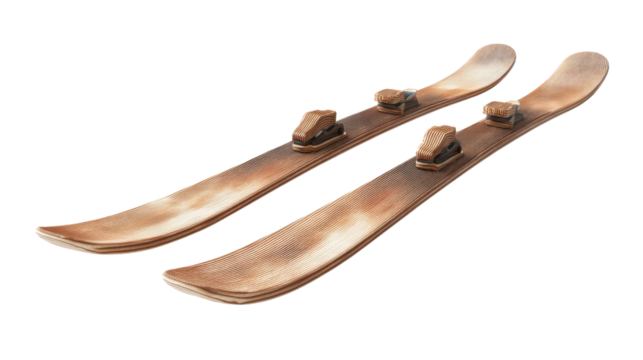 Vintage Ski Pair on Display: A close-up shot of a classic set of wooden skis, showcasing their timeless design and elegant curves, offering a glimpse into the history of winter sports.