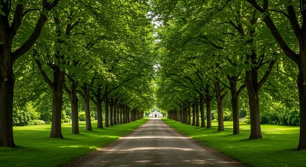 Tree Lined Road with Green Leaves and Grass