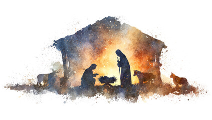 The Nativity. Silhouette of the Holy Family in the stable during the starry night
