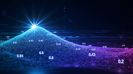Abstract Data Visualization with Glowing Connections and Numerical Values in a Digital Landscape