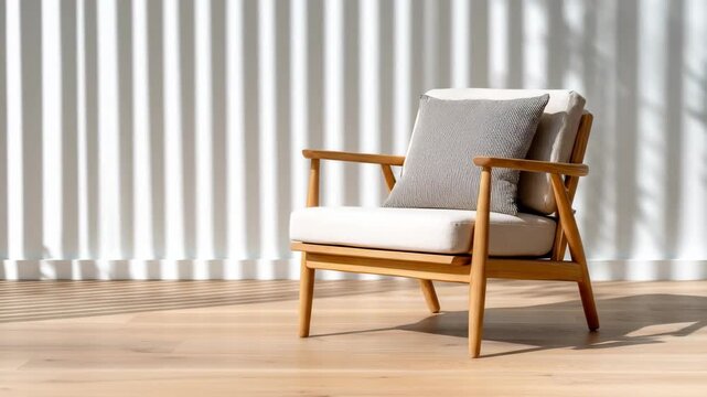 Wooden armchair with gray cushion interior design element minimalist style