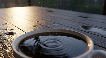Coffee Cup with Ripples and Raindrops on Wooden Table at Sunrise