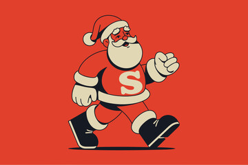 Playful Super Santa Character Striding Confidently Against a Vibrant Red Background