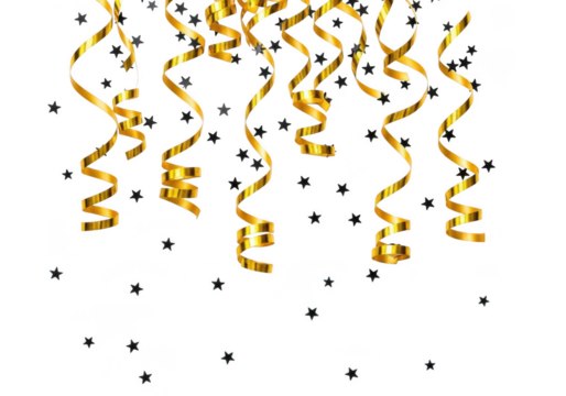 Golden streamers and confetti falling down isolated on transparent background