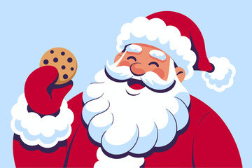 Jolly Santa Claus Enjoying a Cookie with a Cheerful Smile Against a Light Blue Winter Background