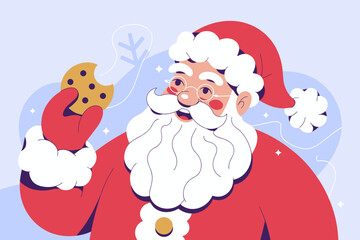 Jolly Santa Claus Holding a Cookie with a Cheerful Smile Against a Soft Winter Background