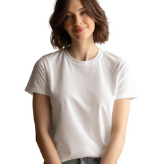 Fototapeta premium Elegant in a tee: A graceful woman exudes casual elegance, draped in a classic white t-shirt, her radiant smile capturing simplicity and effortless style.