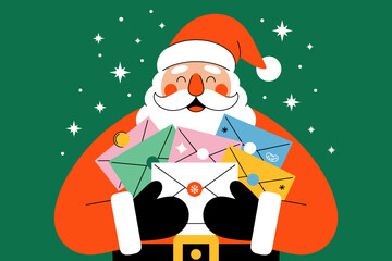 Jolly Santa Claus Joyfully Holding a Bundle of Colorful Holiday Letters Against a Festive Green Background